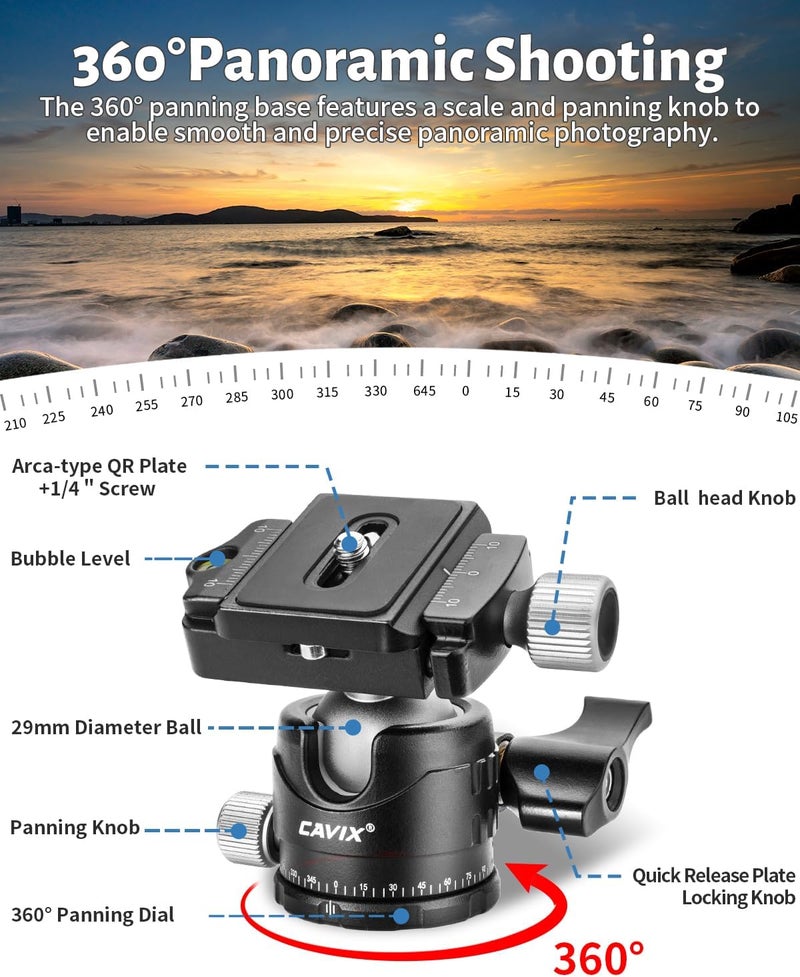 CAVIX Ball Head Mount with 1/4" Screw Arca Type Quick Release Plate 360 Degree Swivel Tripod Ball Head Loading 22lb/10kg - Image 3
